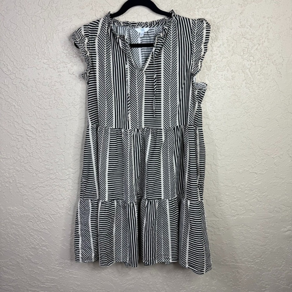 Time And Tru Mini Dress With Pockets Womens L 100% Cotton Tiered Ruffled Sleeves